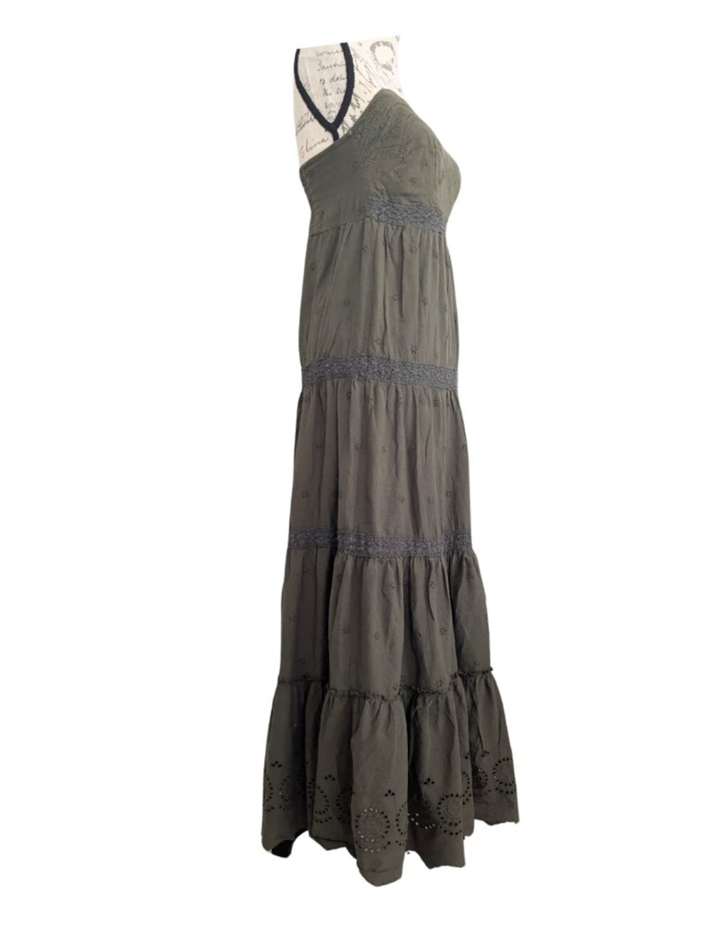 Charlotte Russe Olive Strapless Boho Eyelet Tiered Maxi Dress M Cotton - Picture 3 of 10